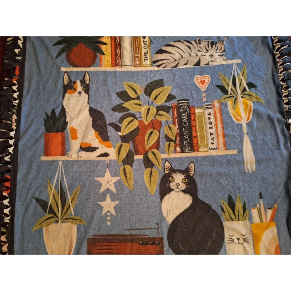 Handmade Fleece Tie Blanket Cats Books Plants Library Print Blue Throw 58
